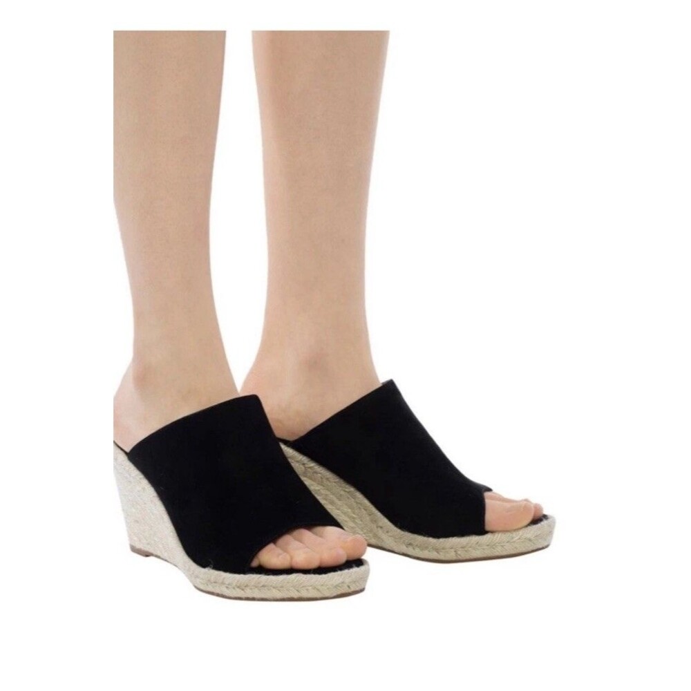 Stuart Weitzman Black Beige Suede Wedge Slide Sandals Women's Size 7.5